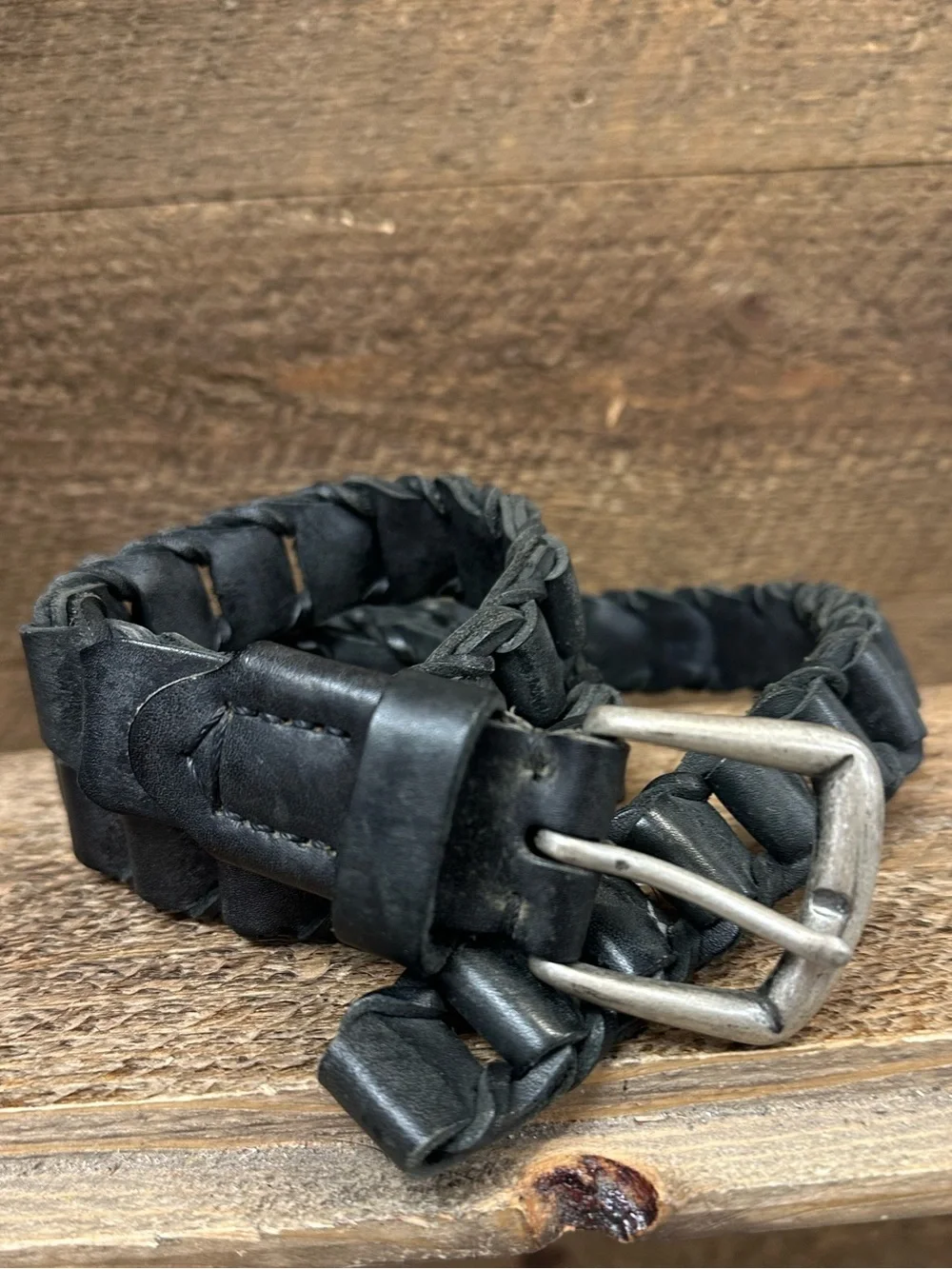 Vintage Handmade Woven Leather Belt Black | Solid Brass Buckle | Made in Guatema